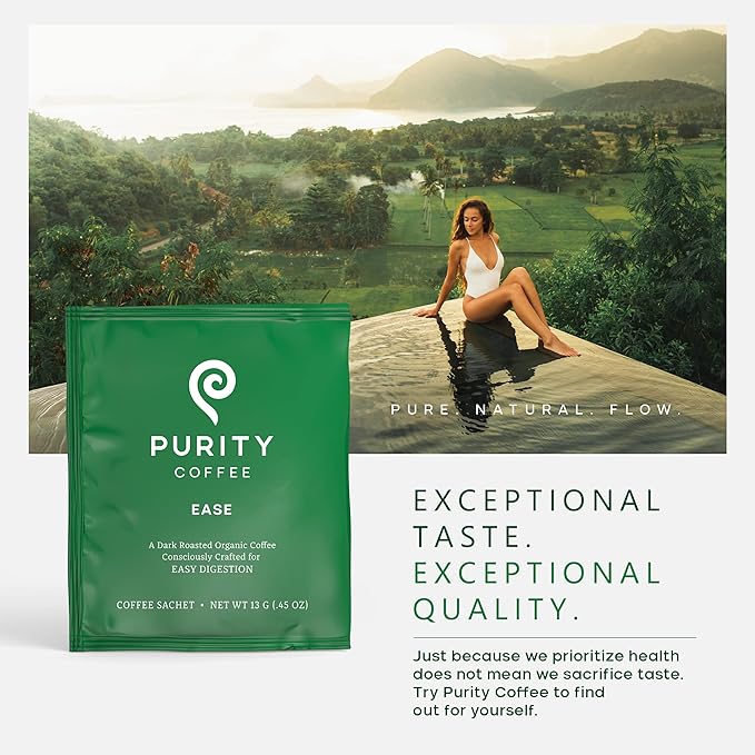 Purity Coffee EASE Dark Roast Low Acid Organic Coffee - USDA Certified Organic Specialty Grade Arabica Single-Serve Packets - Third Party Tested for Mold, Mycotoxins and Pesticides - 5 ct Box