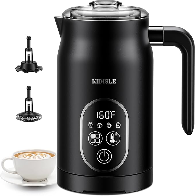 Milk Frother and Steamer 4 in 1, Milk Steamer with Auto Temperature Control, Warm & Cold Foam Maker, Hot Chocolate Maker, Frother for Coffee, Latte, Cappuccino, Black