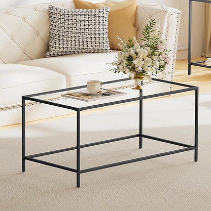 Glass Coffee Table, Modern Rectangular Coffee Table for Living Room, Minimalist Center Tea Table with Sturdy Metal Frame for Apartment, Office, Easy Assembly, 39.4 x 19.7 x 17.7 Inches, Black