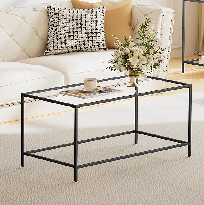 Glass Coffee Table, Modern Rectangular Coffee Table for Living Room, Minimalist Center Tea Table with Sturdy Metal Frame for Apartment, Office, Easy Assembly, 39.4 x 19.7 x 17.7 Inches, Black