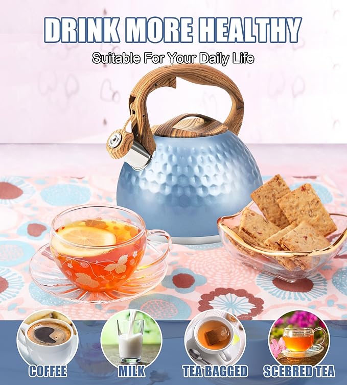 Stainless Steel Tea Kettle Blue, Teapot 3.2 Quart Whistling Tea Kettle, Tea Pots for Stove Top with Wood Pattern Handle, Gas Electric Applicable