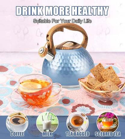 Stainless Steel Tea Kettle Blue, Teapot 3.2 Quart Whistling Tea Kettle, Tea Pots for Stove Top with Wood Pattern Handle, Gas Electric Applicable