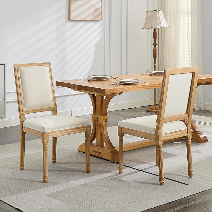 Vintage French Country Dining Chairs Set of 4, Linen Fabric Dining Chairs with a Square Back, Beige 4 Dining Chair Set, Sillas para Comedor, Kitchen & Dining Room Chair (Beige, Linen, 4Pcs)