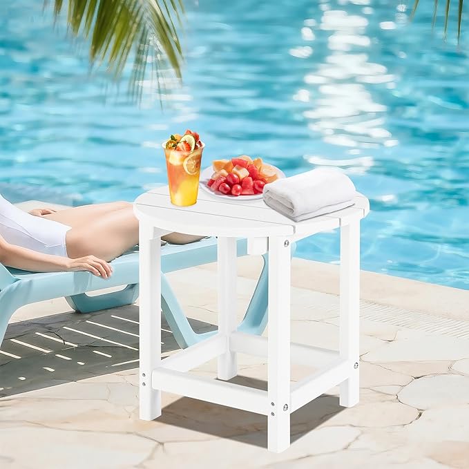 LZRS Round Adirondack Patio Side Table End Table, Outdoor Side Tables for Patio, Backyard,Pool, Indoor Companion, Easy Maintenance & Weather Resistant(White)