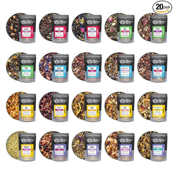 Tiesta Tea - Discovery Sampler Dry Flight Set, Loose Leaf, High to No Caffeine, Hot & Iced Up to 200 Cups, Tea Variety Pack with Green, Herbal, Black & Chai Brew, 20 Resealable Sample Pouches