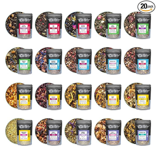 Tiesta Tea - Discovery Sampler Dry Flight Set, Loose Leaf, High to No Caffeine, Hot & Iced Up to 200 Cups, Tea Variety Pack with Green, Herbal, Black & Chai Brew, 20 Resealable Sample Pouches
