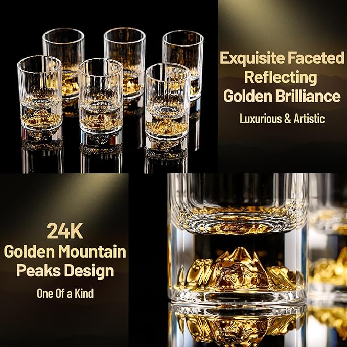 DUJUST 【2025 New Design】 Gold Mountain Shot Glasses (1.5oz), Crystal Shot Glass Set Decorated with 24K Gold Mountain, BPA-Free & Lead-Free, Perfect for Décor & Collection, Gift Choices - 6 pcs