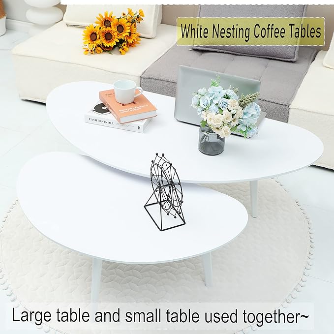 FIRMINANA Mid Century Modern Coffee Table,Large Oval White Coffee Table for Living Room,for Small Spaces,White-47.3" W x 23.63" D x 17.72" H