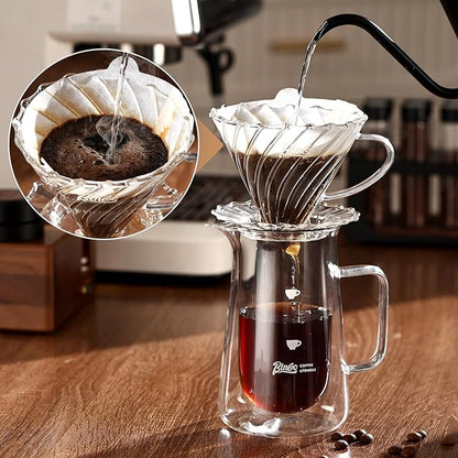 Double Wall Pour Over Coffee Maker Set - 400ml Insulated Glass Carafe with Handle, Dripper & 50 Filters, Coffee Server for Pour Over, Borosilicate Glass for Coffee, Tea, Cocktails & All Beverages