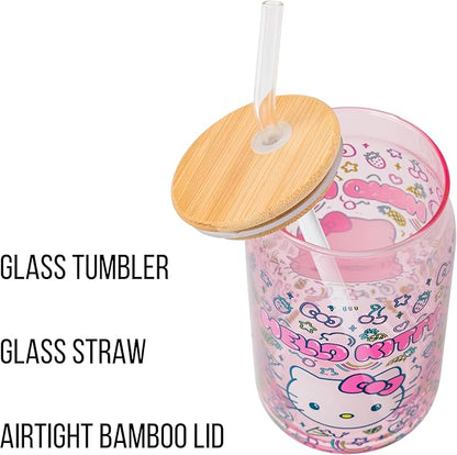Silver Buffalo Sanrio Hello Kitty Neon Fruits Rainbows and Hearts Pattern Glass Jar Tumbler with Bamboo Lid and Glass Straw, 16 Ounces