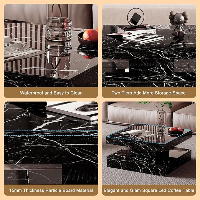 Black Marble LED Coffee Table for Living Room, Living Room Table 2-Tier Square Middle Center Table, Modern Coffee Tables with Storage, Contemporary Wood Tea Tables for Dining Reception