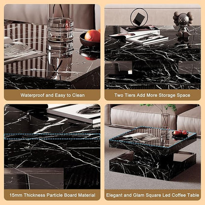 Black Marble LED Coffee Table for Living Room, Living Room Table 2-Tier Square Middle Center Table, Modern Coffee Tables with Storage, Contemporary Wood Tea Tables for Dining Reception