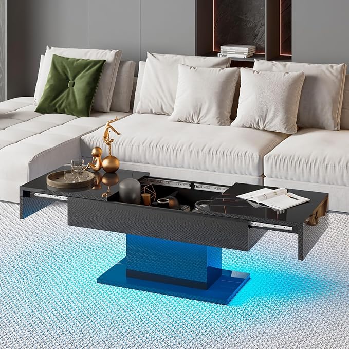 Black LED Coffee Table with Storage for Living Room, Living Room Table Rectangular Center Table, Modern High Glossy Wooden Coffee Tables for Dining Reception Room