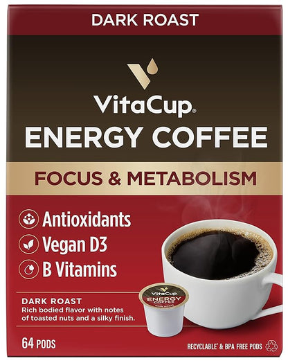 VitaCup Energy Dark Roast Coffee Pods, Boost Focus & Metabolism, Antioxidants, B Vitamins, Bold & Smooth,100% Arabica Coffee, Recyclable Single Serve Pod Compatible with Keurig K-Cup Brewers,64 Ct