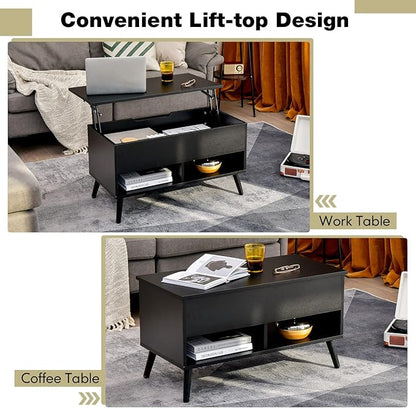 Tangkula Lift Top Coffee Table, Modern Cocktail Table with Hidden Compartment & 2 Open Shelves, Flip Top Center Table, Wooden Pull up Coffee Table for Living Room, Reception Room, Office (Black)