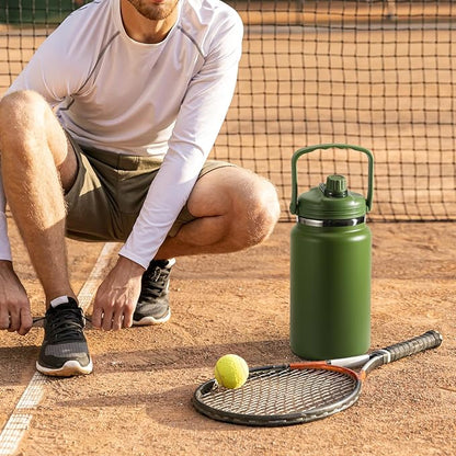 1 Gallon Thermosflask with Straw, 135oz Stainless Steel Insulated Water Bottle，4L Oversized Double Wall Vacuum Jug with Handle for Hot Cold Drinks, Wide mouth Icebuckets for Hiking Sports(Green)