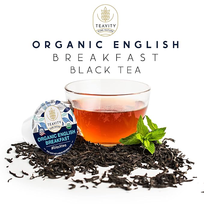 Organic English Breakfast Tea Pods for Keurig - Naturally Caffeinated Unsweetened Black Tea Pods by Teavity (24 Tea Pods)