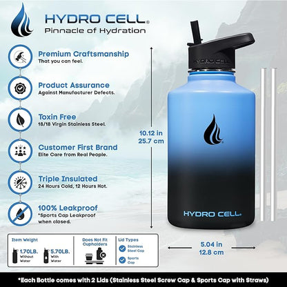HYDRO CELL Stainless Steel Insulated Water Bottle with Straw - For Cold & Hot Drinks - Metal Vacuum Flask with Screw Cap and Modern Leakproof Sport Thermos for Adults (Blue/Black 64oz)