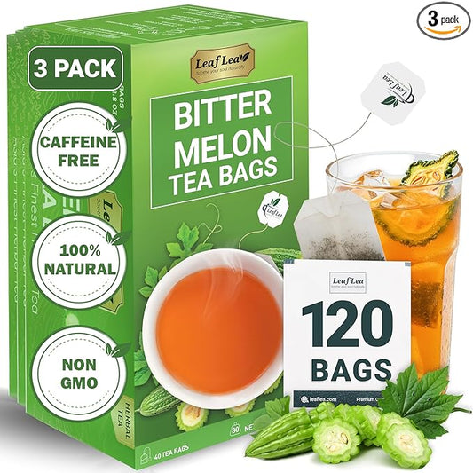 LeafLea 120 Bitter Melon Tea Bags, 100% Pure Bitter Melon Fruit. Supports Wellness and Digestion | Caffeine-Free, Sugar-Free, Vegan, Pack of 3