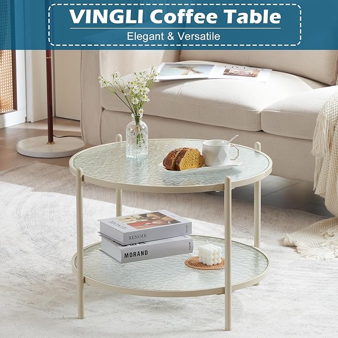 VINGLI 25.6" Small Cream White Round Coffee Table Water-Wave Glass Circle Clear Coffee Table, Center Table with 2-Tier Modern Storage Design for Living Room, Bedroom, Meeting Room, Balcony, Beige