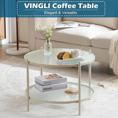 VINGLI 25.6" Small Cream White Round Coffee Table Water-Wave Glass Circle Clear Coffee Table, Center Table with 2-Tier Modern Storage Design for Living Room, Bedroom, Meeting Room, Balcony, Beige