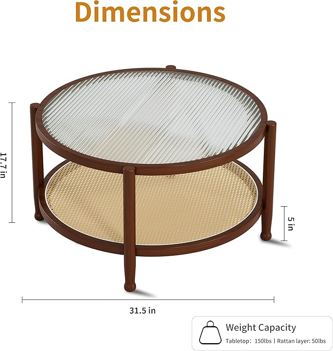 Rattan Round Coffee Table for Living Room, 32" Boho Circle Table with Tempered Glass Desktop Rustic Solid Wood Farmhouse Accent Center Storage Table (Walnut, 31.5" D x 31.5" W x 17" H)