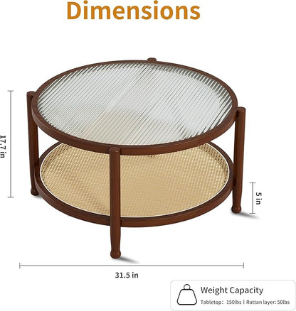 Rattan Round Coffee Table for Living Room, 32" Boho Circle Table with Tempered Glass Desktop Rustic Solid Wood Farmhouse Accent Center Storage Table (Walnut, 31.5" D x 31.5" W x 17" H)