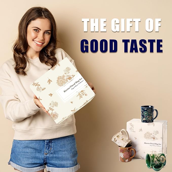 Coffee Mugs Set of 4, 12oz Ceramic Tea Cups with Floral Design, Hand wash only, Microwaveable, Gift Box, Perfect for Cappuccino, Latte, Hot Chocolate–Tazas Para Café Bonitas (Royal Bloom)