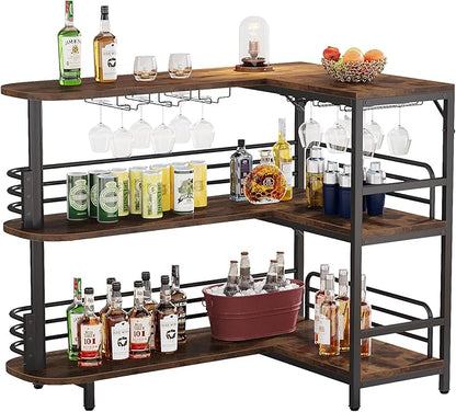 Tribesigns L-Shaped Home Bar Unit, 3 Tier Liquor Table With Storage Shelves and Wine Glasses Holder, Industrial Corner Wine Cabinet Mini Bar for Home Kitchen Pub, Rustic Brown