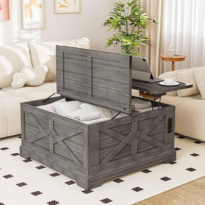 LAUSAINT HOME Farmhouse Lift Top Coffee Table with Large Hidden Storage Compartment, Wood Square Center Table with Lifting Top for Living Room, Home Office, Gray