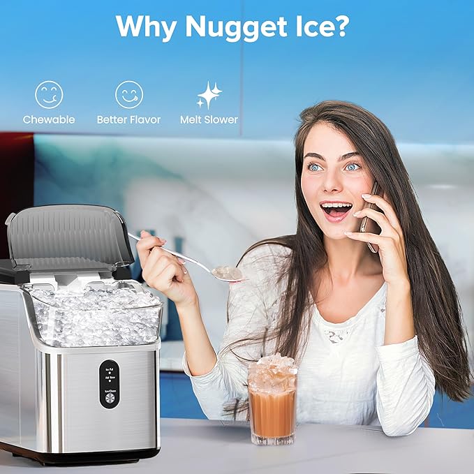Countertop Nugget Ice Maker Pro - 34lbs/24H, Self-Cleaning Pellet Ice Machine with Soft Chewable Ice, One-Touch Operation for Home, Kitchen, Office (Silver)