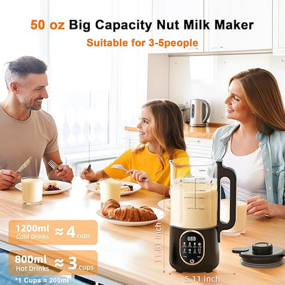 50oz Nut Milk Maker Machine, 10 in 1 Automatic Plant Based Milk Maker for Homemade Oat, Coconut, Chowder, Juice, Soy Milk with 20 Blades,Delay Start, Boil Water, Keep Warm & Auto Clean