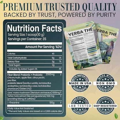 Ancient Diosa - Yerba Mate Tea Powder 350g, 35-Servings - Kiwi Flavor Clean Energy Drink Superfood - Support Gut Health with Probiotics and Prebiotics, Reduce Brain Fog, Relaxation and Focus Blend