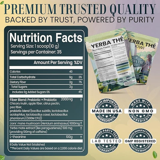 Ancient Diosa - Yerba Mate Tea Powder 350g, 35-Servings - Kiwi Flavor Clean Energy Drink Superfood - Support Gut Health with Probiotics and Prebiotics, Reduce Brain Fog, Relaxation and Focus Blend