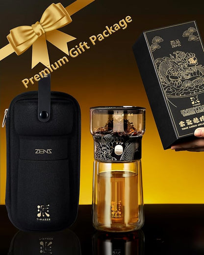 ZENS Cool Glass Teapot with Infuser, Smart One Touch Tea Maker for Loose Tea Diffusers with Insulated Mug and Portable Tea Kits, Enchanted Teapot Alternatives for Tea Lover Gifts