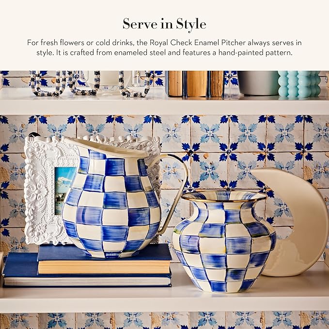 MACKENZIE-CHILDS Enamel Pitcher with Spout for Water, Cut Flowers, and Home Decor, 3 Quarts, Blue-and-White Royal Check