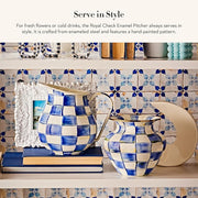 MACKENZIE-CHILDS Enamel Pitcher with Spout for Water, Cut Flowers, and Home Decor, 3 Quarts, Blue-and-White Royal Check