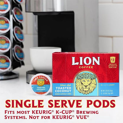 Lion Coffee Toasted Coconut Flavored Medium Roast Coffee Pods - Single-Serve Pods - Hawaiian Inspired Flavor - Arabica Coffee - Compatible with Single-Serve Brewing Systems - 12 Count Box