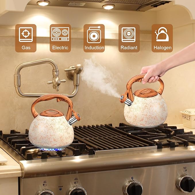 GGC Tea Kettle for Stove Top, Loud Whistling Kettle for Boiling Water Coffee or Milk, 3.1 Quart Stainless Steel Art Line White Pot with Wood Pattern Handle, Unique Button Control Outlet