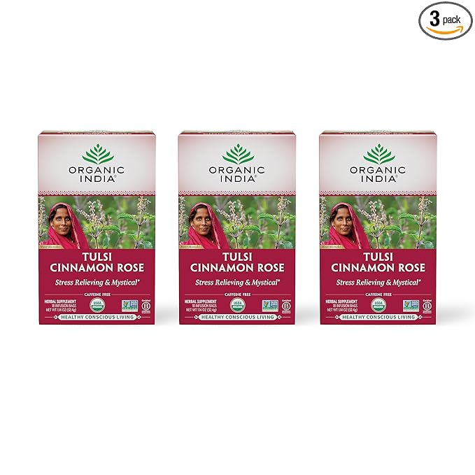 ORGANIC INDIA Tulsi Cinnamon Rose Tea - Tulsi Rose Tea Bags, Cinnamon Tea Bags w/Holy Basil, Chamomile, Caffeine Free - 18 Infusion Bags, 3 Pack