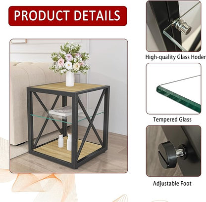 Rustic End Table for Living Room 17.7" Bedroom Nightstand, Modern Tempered Glass Shelf & Wood MDF Top Square Side Table 1 Piece, Industrial Style Natural
