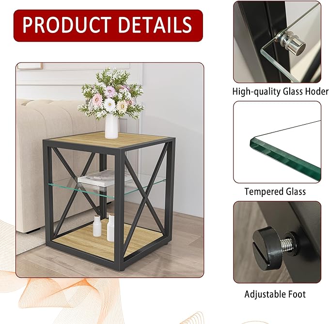 Rustic End Table for Living Room 17.7" Bedroom Nightstand, Modern Tempered Glass Shelf & Wood MDF Top Square Side Table 1 Piece, Industrial Style Natural