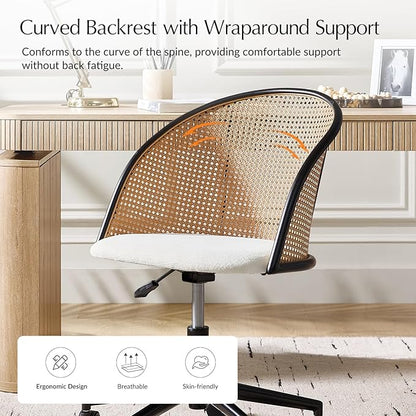 HULALA HOME Rattan Home Office Desk Chair with Curved Backrest, Caster Wheels, Height Adjustable, Accent Task Computer Chair for Home Work, Conference, Dining Room, White