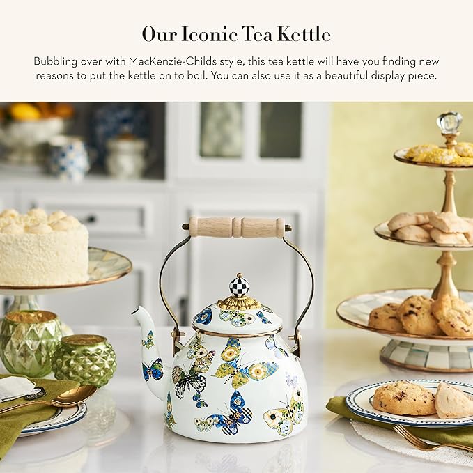 MACKENZIE-CHILDS 2-Quart Enamel Tea Kettle, Cute Tea Kettle for Stovetop, Butterfly