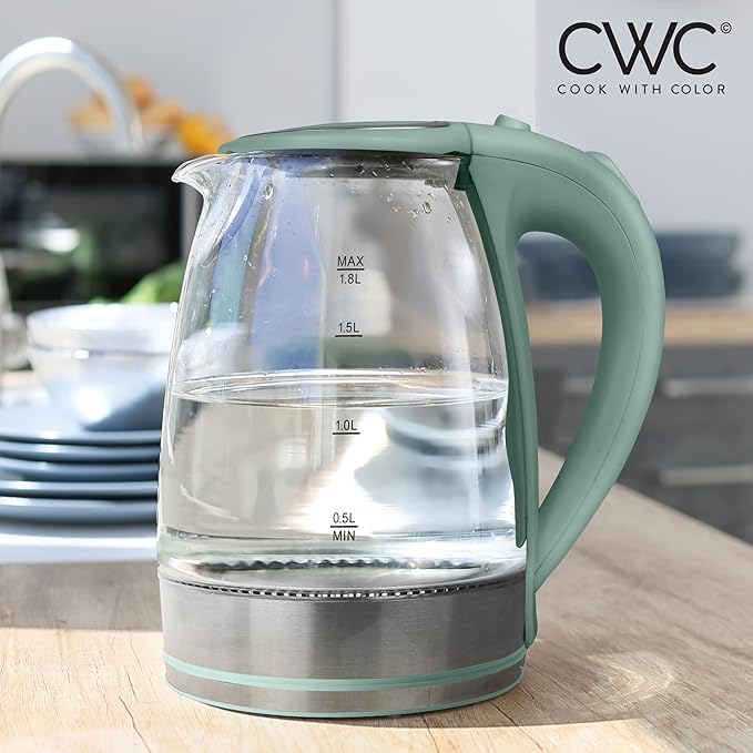 COOK WITH COLOR Electric Kettle - Rapid Boil, Sleek Design, and Safety Features - Great for Quick and Easy, Sage, 1.8 Liters