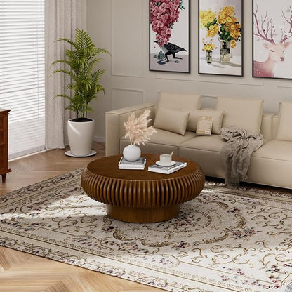 Round Fluted Coffee Table Modern Handcraft Drum Coffee Table with Sturdy Pedestal 31.5" Farmhouse Center Table Tea Table for Living Room, Reception Room, Entertainment Room (Walnut 31.5 inch)
