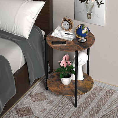 Round Side Table, 2-Tier Circle End Tables with Storage Wood Rustic 15.75" Small End Tables Farmhouse Side Table for Living Room Bedroom Balcony Small Spaces - Walnut