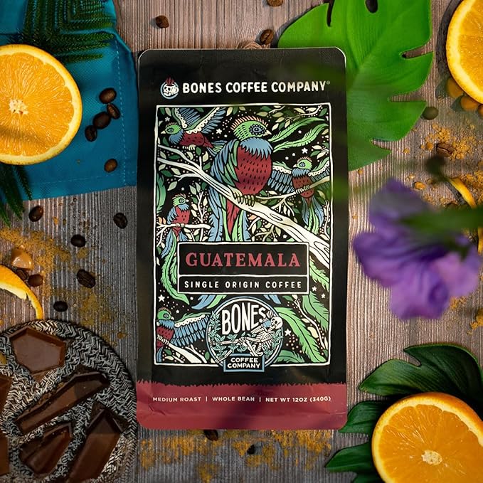 Bones Coffee Company Guatemala Single-Origin, Milk Chocolate, Citrus and Caramel Notes, Whole Coffee Beans, Low Acid Medium Roast Arabica Beans Flavored Coffee, 12 oz Whole Bean
