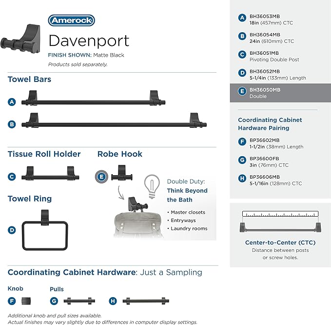 Amerock | Matte Black | Davenport |Towel Bar | 24 inch (610 mm) | 4 Piece | Bathroom Accessories Set
