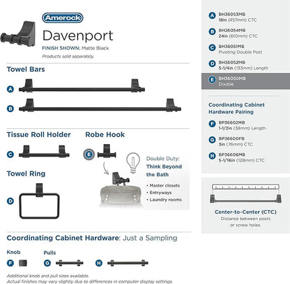 Amerock | Matte Black | Davenport |Towel Bar | 24 inch (610 mm) | 4 Piece | Bathroom Accessories Set